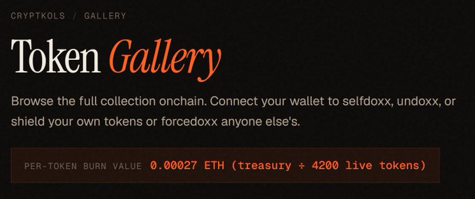 A dark-themed webpage header reading 'Token Gallery' with 'CRYPTOKOLS / GALLERY' branding, describing onchain collection browsing and showing 'PER-TOKEN BURN VALUE 0.00027 ETH (treasury + 4200 live tokens)'.