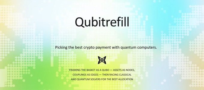 The image features a banner with white text that reads "Qubitrefill" and "picking the best crypto payment with quantum computers." Below this, there are two lines of black text that read "Framing the billiards table as an analog for a quantum computer". The background is a colorful pattern.