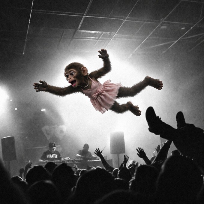 A young monkey in a pink tutu with a pearl necklace is captured mid-air, leaping exuberantly above a packed concert crowd while a DJ performs below, with the word "PIRATE" visible on his shirt and dramatic stage lights framing the surreal, chaotic scene that visually amplifies the post's tongue-in-cheek jab at meme coins and rug-pulled crypto launches.