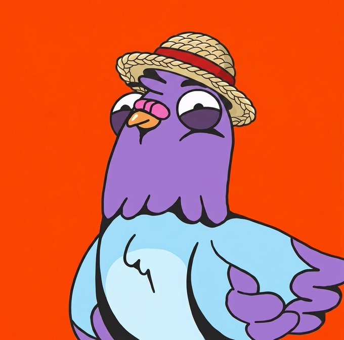The image features a cartoon pigeon wearing a straw hat and standing against an orange background. The pigeon appears to be staring at something or someone off-camera, giving it a curious expression. The caption below the image reads "NFTs aren' t dead. They just needed a reason to exist. Wingston is that reason. It's a free mint tied directly to the @RallyOnChain protocol not a jpeg you hold and hope, but a product NFT with actual utility: stake it, boost your Rally Score, and unlock VIP access to campaigns".