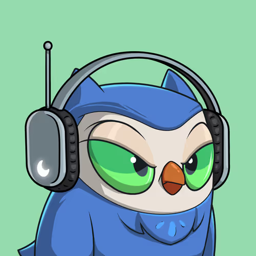 An illustration of a stylized blue owl character wearing large black headphones with a crescent moon logo, against a green background.