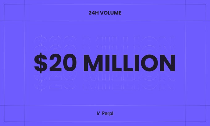 A bold purple and black graphic displaying '24H VOLUME' of '$20 MILLION' with 'lil' Perp!' branding at the bottom.