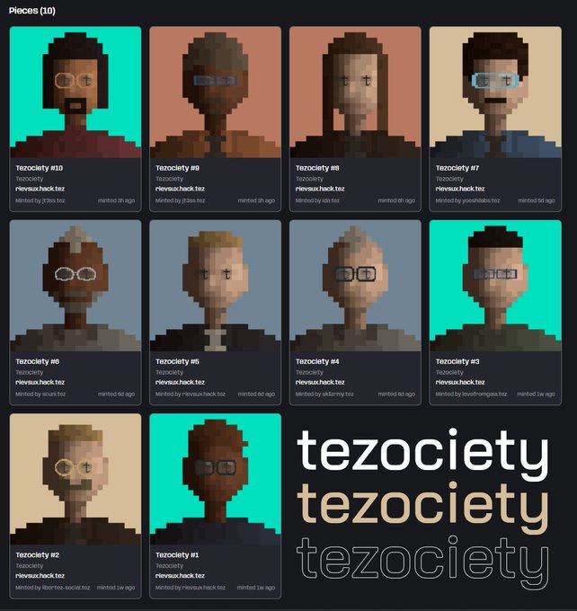 A gallery interface shows ten pixel art NFTs titled 'Pieces (10)' featuring 'Tezociety' characters from the tezau.hack toz collection, alongside 'tezociety' text branding.