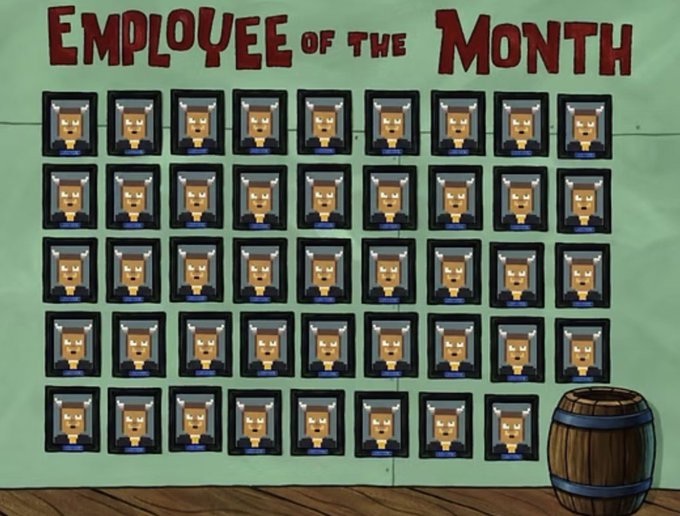 A green wall titled 'EMPLOYEE OF THE MONTH' featuring multiple identical framed portraits of a horned character from the animated series 'Bee and PuppyCat,' with a wooden barrel in the corner.