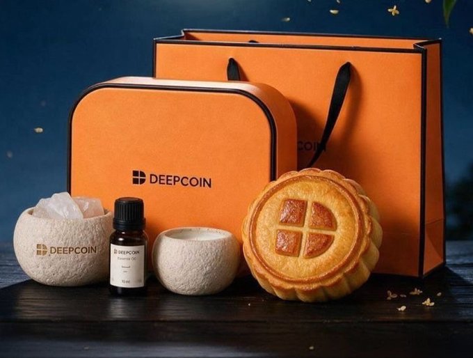 A promotional image showing orange "DEEPCOIN" branded packaging alongside a mooncake, a small essential oil bottle, and decorative bowls.