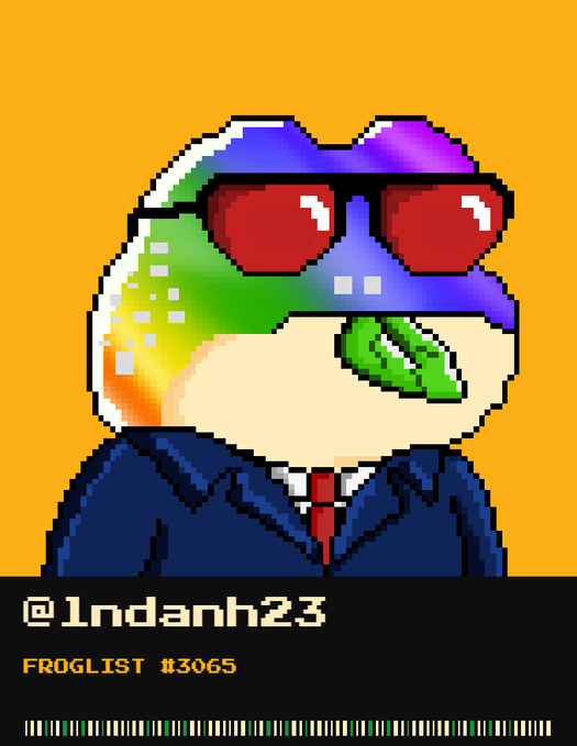 A pixel art illustration features a frog wearing a rainbow-colored hat, red sunglasses, and a dark blue suit with a red tie. Text below reads '@1ndanh23' and 'FROGLIST #3065'.