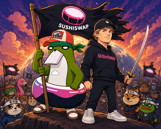 An anime-style illustration featuring characters with SUSHISWAP branding, including a figure in a Sushiswap hoodie holding a katana next to a cartoon sushi character, with an army of animal mascots behind them.
