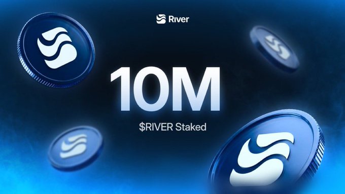 The image showcases a milestone of 10M $RIVER staked, featuring the River logo prominently displayed alongside stylized blue coins with the River emblem, visually reinforcing the post's emphasis on long-term staking and governance participation within Season 5.