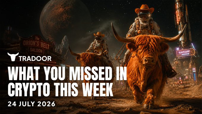 A banner for TradeOar's "WHAT YOU MISSED IN CRYPTO THIS WEEK" dated 24 JULY 2026, featuring an AI-generated image of astronauts riding large furry creatures on a planetary landscape.