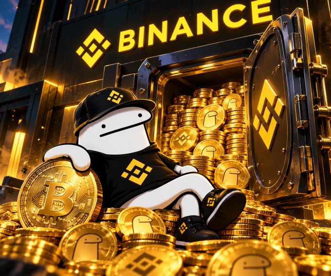 The image shows the Reddit alien mascot "Snoo" wearing a black cap and t-shirt featuring the Binance logo, lounging casually on a massive pile of gold Bitcoin and Binance coins with an open vault labeled "BINANCE" in the background. The caption accompanies the post by visually reinforcing the meme's suggestion that Binance's reported 20% holding of $FLORK is bullish, using the relaxed, confident Snoo character to mirror the poster's assured "I know what I'm betting on" tone.