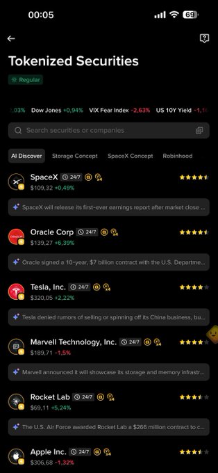 A smartphone screenshot of a 'Tokenized Securities' app showing a list of stocks including SpaceX ($109.32), Oracle Corp ($139.27), Tesla Inc. ($320.05), Marvell Technology, Rocket Lab, and Apple Inc.