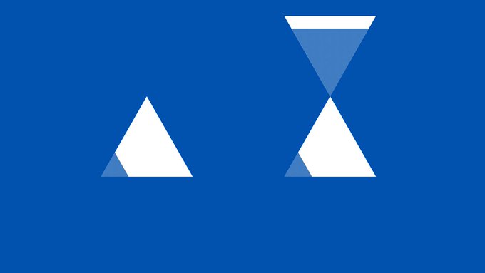 A minimalist blue graphic showing two white triangles, with the right one being taller and resembling an hourglass shape with a blue-tinted top section.
