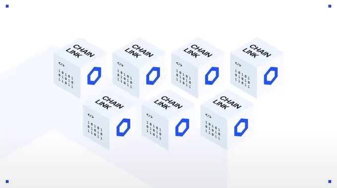 The image features a white background with seven blue cubes arranged in a triangular formation. Each cube has the word "chainlink" written on it. Below this arrangement of cubes, there is text that reads "7 years of Chainlink. 7 reasons to keep building." The text also includes the words "CCIP," "PF," and "PoR".
