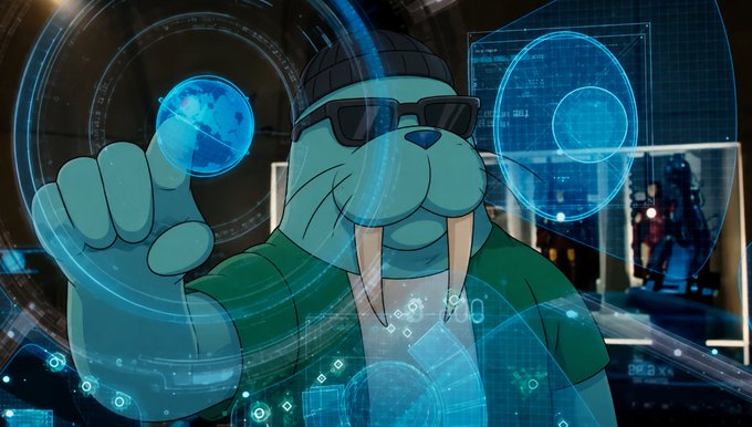 An animated illustration of a stylized walrus wearing sunglasses and a beanie, reaching out to touch a glowing blue holographic globe interface.