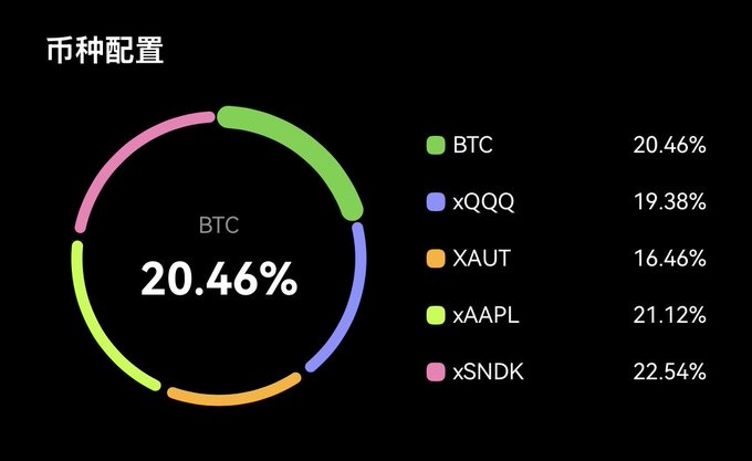 A pie chart titled '币种配置' (Currency Allocation) showing investment distribution: BTC 20.46%, xQQQ 19.38%, XAUT 16.46%, xAAPL 21.12%, and xSNDK 22.54%.
