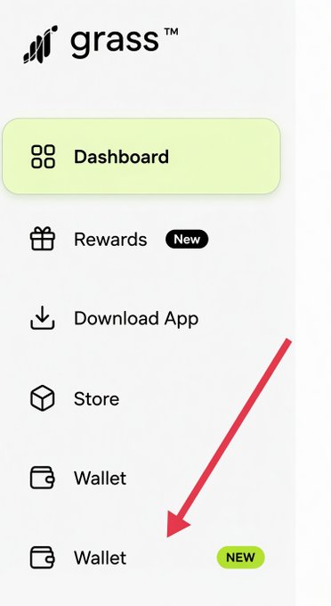 Mobile app menu for 'grass' showing Dashboard, Rewards (New), Download App, Store, Wallet, and a second Wallet option highlighted with a red arrow and 'NEW' badge.