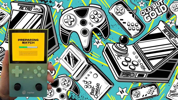 The image features a retro gaming console with a screen displaying "PREPARING MATCH" alongside "Jupiter" branding, held against a vibrant illustrated background of classic gaming devices including "RETRO ARCADE," "OLD BUT GOLD," and "PepCo."

The image ties to the HegeCoin post by visually referencing the game's continued development, with the "PREPARING MATCH" screen and Jupiter handheld symbolizing the ongoing work and "shipping" mentioned in the article.