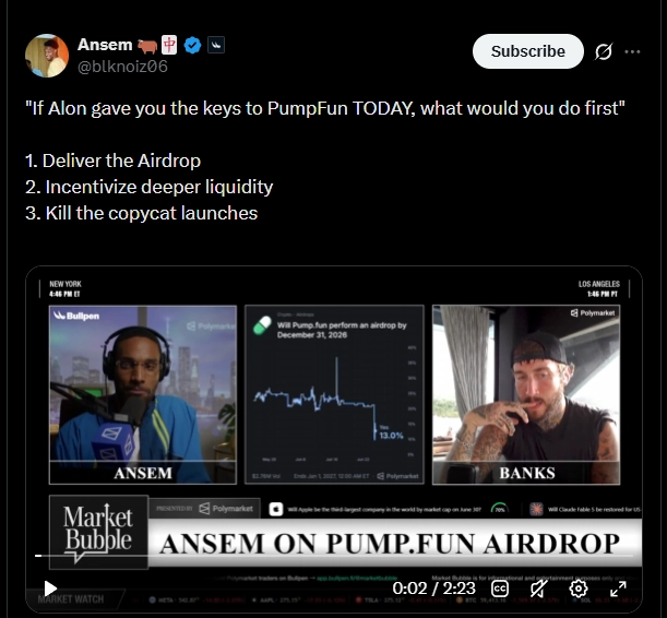 A tweet from @blknoiz06 (Ansem) poses the question "If Alon gave you the keys to PumpFun TODAY, what would you do first" with three numbered options: deliver the airdrop, incentivize deeper liquidity, and "Kill the copycat launches," alongside a video thumbnail titled "ANSEM ON PUMP.FUN AIRDROP" showing a chart suggesting a potential airdrop by December 25, 2026. The accompanying post criticizes Ansem for hypocrisy, pointing out that despite advocating against copycat launches, he allegedly followed a vampire attack that sent 50% of token supply to $ANSEM holders.