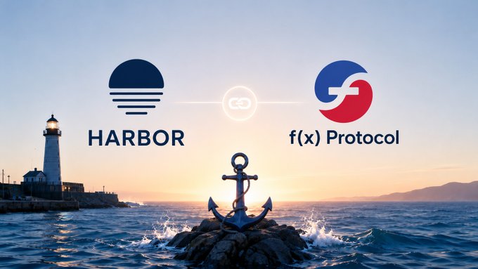A promotional graphic featuring the 'HARBOR' and 'f(x) Protocol' logos connected by a link symbol, set against a coastal scene with a lighthouse, ocean waves, and an anchor.
