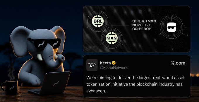 Promotional graphic for Keeta Network (@KeetaNetwork) on X.com announcing tBRL and tMXN live on Bebop, with a quote about delivering the largest real-world asset tokenization initiative the blockchain industry has ever seen, featuring a 3D elephant wearing sunglasses at a laptop.