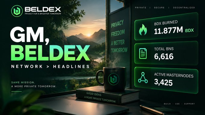 A promotional graphic for 'GM, BELDEX' with network headlines showing BDX Burned 11.877M BDX, Total BNS 6,616, and Active Masternodes 3,425.