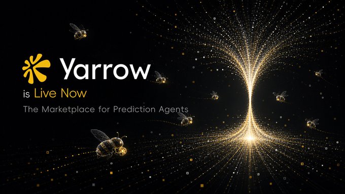 The image features a black background with gold text, including the words "Yarrow" and "Live Now". The text also includes an illustration of a tree with golden leaves and bees flying around it. The image seems to be promoting a product or service related to predicting stock market trends.
