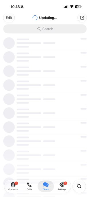 A mobile phone screenshot of a messaging app showing the Chats tab in an 'Updating...' state with placeholder loading skeletons for messages, with Contacts (1), Calls, Chats, and Settings (1) in the bottom navigation.