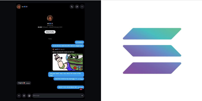 A messaging app screenshot on the left shows a conversation with Pepe the Frog meme being shared, alongside a Solana logo on the right.