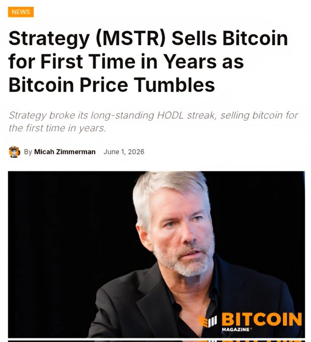 In the image, a man wearing a suit jacket is talking into a microphone, appearing as if he's presenting or discussing something about bitcoin. The text in the image mentions that bitcoin prices have crashed due to various factors like U.S. strikes on Iran, news of Lebanon talks being suspended and tensions rising up, which affected oil prices leading to the bitcoin crash. This information is also related to a headline written in the image that reads "Strategy broke its long standing HODL streak, selling Bitcoin for".