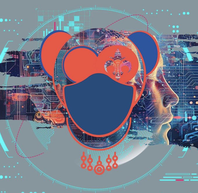 A vibrant digital collage featuring the Baidu logo in red and blue superimposed over a profile of a person's face, with a futuristic cityscape and circuit board patterns in the background.