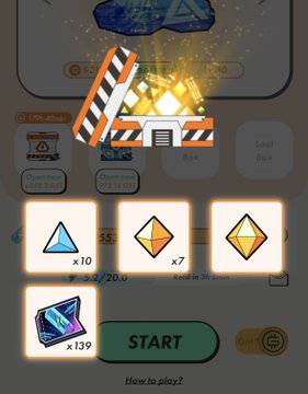In-game reward screen displaying x10 blue gems, x7 orange gems, x7 yellow gems, x139 purple tickets, and a START button beneath a glowing construction barrier graphic.
