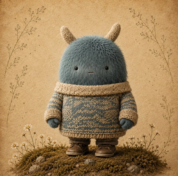 An illustration of a cute blue fuzzy monster character wearing a knitted sweater and brown shoes, standing on a mossy patch with delicate botanical drawings in the background.