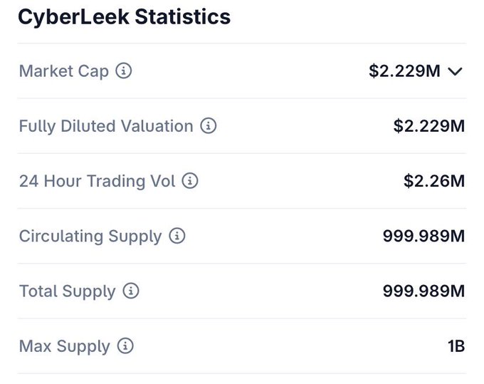 A "CyberLeek Statistics" dashboard displays key crypto metrics: Market Cap and Fully Diluted Valuation at $2.229M, 24-hour trading volume at $2.26M, circulating and total supply at 999.989M tokens (out of a 1B max supply). The image supports the post's optimistic claim of a price surge to 3M, highlighting the token's current low valuation and fully diluted supply near maximum.