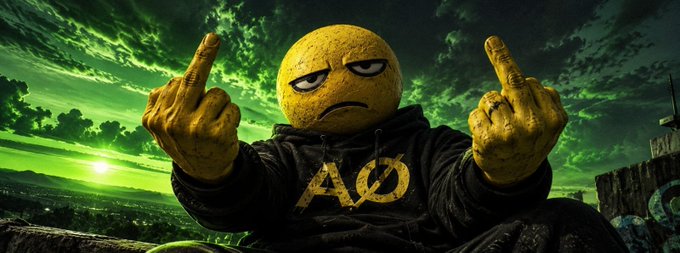 A character with an angry yellow emoji-like face wearing a black hoodie with an 'AQ' logo, giving both middle fingers against a green sky.