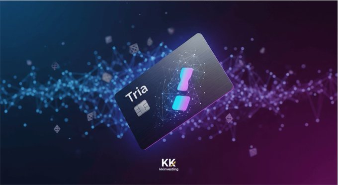 The image features a credit card that has been rendered in blue and purple colors against a dark background. The text "Tria" can be seen, which is likely related to the credit card company or its name. The credit card is floating in space with a network of lines surrounding it, giving an impression of a digital environment. The image also includes a caption that reads "KM", possibly indicating the source or creator of the credit card design.