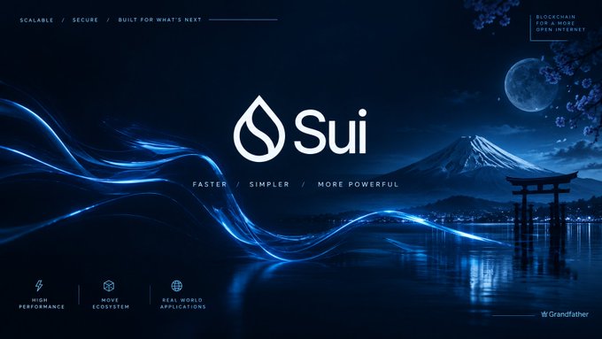 Promotional artwork for the Sui blockchain platform featuring its logo, the tagline 'FASTER / SIMPLER / MORE POWERFUL', and a Japanese landscape with Mt. Fuji under a moonlit sky.
