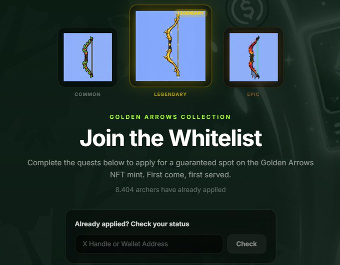 A promotional webpage for 'Golden Arrows Collection' shows three NFT bow tiers labeled 'COMMON', 'LEGENDARY', and 'EPIC' with text inviting users to 'Join the Whitelist'.