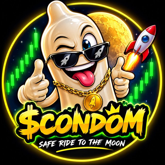 A vibrant crypto-themed meme image featuring a cartoon banana character wearing sunglasses and a gold rocket chain, giving a thumbs up next to a launching rocket. The text reads '$CONDOM - SAFE RIDE TO THE MOON' with green candlestick charts and a moon in the background.