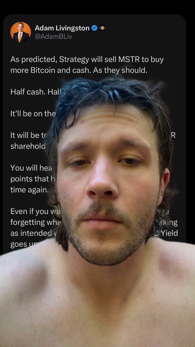 In this image, there is a photo of an untrained man with a beard and no hair wearing only his bathing suit. The photo appears to be taken with a smartphone or a camera device. There is also a text overlay in a Twitter-like format that is related to investing in Cryptocurrency (MSTRC).

The image includes a hashtag, "#crypto," which might be part of the conversation about the post on MSTRC. The overall message of the post appears to revolve around an interesting speculation or analysis regarding Cryptocurrency investments and dilution risk, rather than focusing on the man's bikini attire in this particular context.