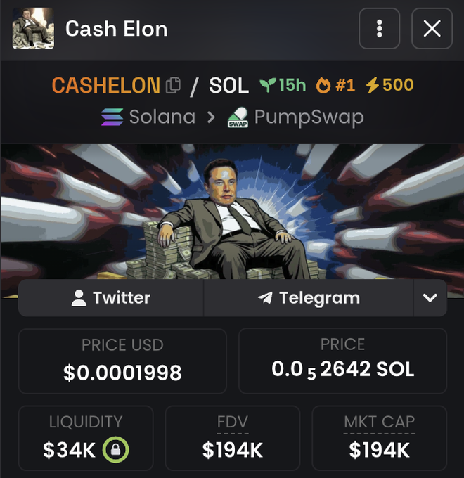 The image shows a cryptocurrency page for "Cash Elon" (CASHELON/SOL) on Solana's PumpSwap, featuring an illustration of Elon Musk sitting on a throne of money, with a current price of $0.0001998 and a market cap of $194K. The screenshot visually supports the bullish post claiming to promote $CASHELON from a $100K market cap to $100M, with the token currently sitting at a small $194K cap.