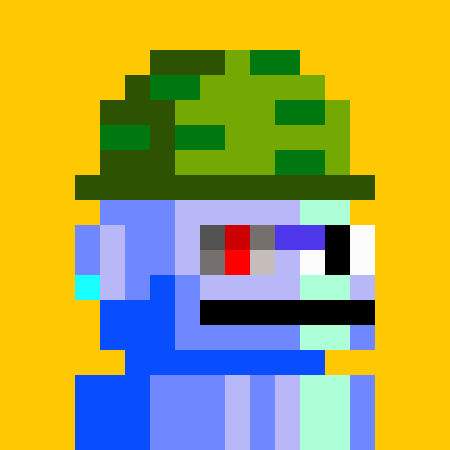 Pixel art image of a blue robot or character with a green military-style helmet against a yellow background.