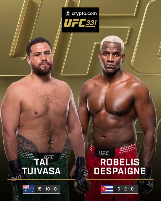 This is a UFC 331 fight poster featuring Tai Tuivasa (15-10-0, Australia) and Robelis Despaigne (6-2-0, Cuba) shirtless and facing forward against a gold backdrop, promoting their upcoming heavyweight bout on Paramount Plus. The image aligns with the post's hype about the size of the matchup, highlighting "THE BIGGER THEY ARE..." tagline with the Crypto.com sponsor branding prominently displayed at the top.