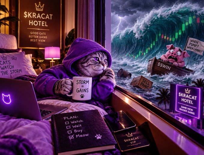 A cat in a purple hoodie sits in the '$KRACAT HOTEL' holding a 'STORM GAINS' mug, watching a chaotic stock market crash through the window with signs reading 'WHEN PUMP? WHEN LAMB?' and 'SELL PANIC,' while a checklist shows 'Meow' is selected.