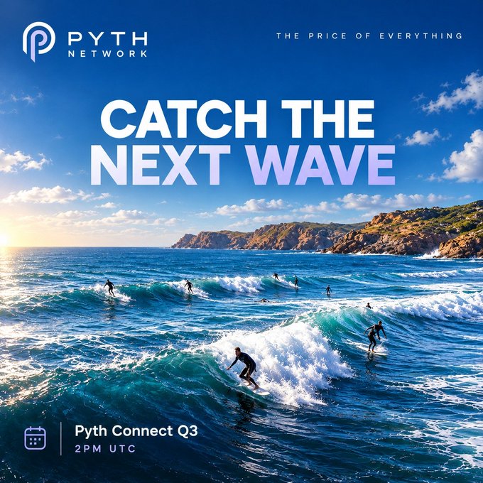 A promotional graphic for Pyth Network advertising 'Pyth Connect Q3' at 2PM UTC, featuring the slogan 'Catch the Next Wave' over an image of surfers riding ocean waves.