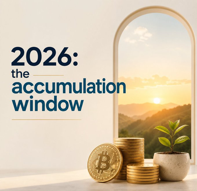 A graphic reading '2026: the accumulation window' featuring stacks of gold Bitcoin coins, a small potted plant, and a scenic sunset view through an arched window.