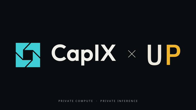 A dark promotional graphic displaying the CapIX logo in teal alongside the "UP" UsePod logo in white and yellow, separated by a multiplication symbol, with the tagline "PRIVATE COMPUTE · PRIVATE INFERENCE" at the bottom—visually representing the new partnership where UsePod joins CapIX's network as a private inference provider serving open-weight models within TEE enclaves.