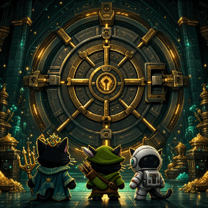 Three cartoon cats—a wizard with a trident, an archer in green, and an astronaut—stand before a massive ornate golden vault door surrounded by treasure.