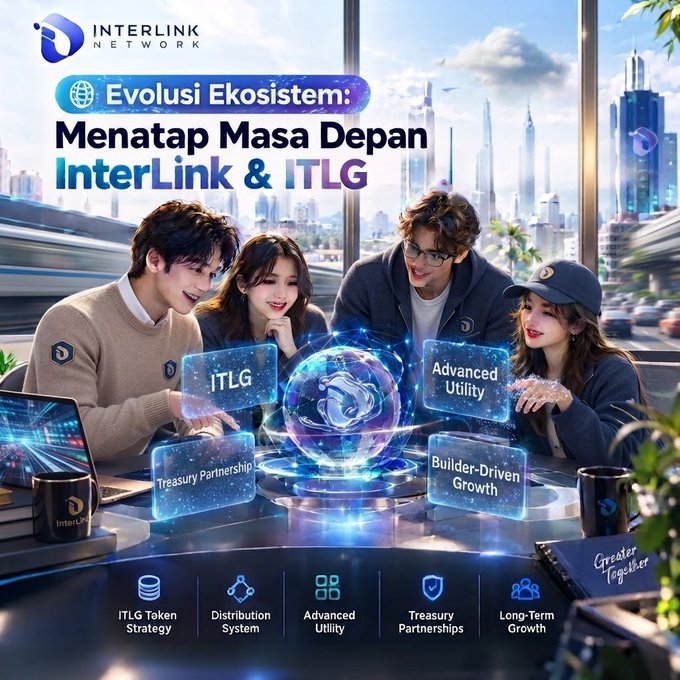 A promotional graphic for 'INTERLINK NETWORK' is written in Indonesian, titled 'Evolusi Ekosistem: Menatap Masa Depan InterLink & ITLG', featuring four people looking at a glowing blue globe surrounded by labels like 'ITLG', 'Advanced Utility', and 'Treasury Partnership'.