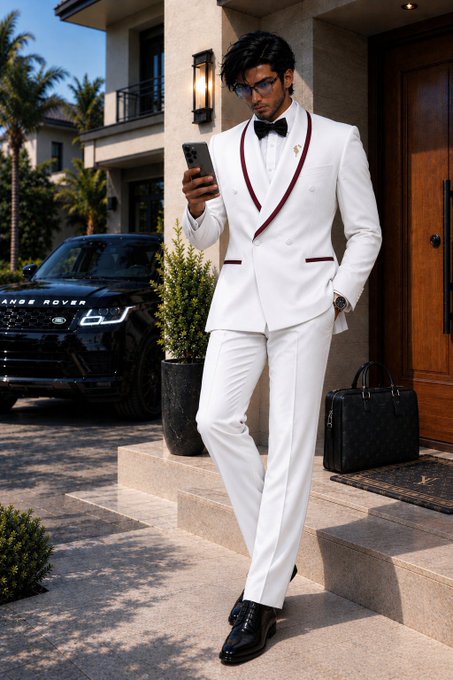 An AI-generated image of a man in a white tuxedo with red trim, black bow tie, and glasses, holding a phone while leaning against a building entrance with a Range Rover and designer briefcase nearby.