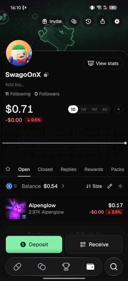 A screenshot of a crypto trading app showing the profile “SwagoOnX” with a balance of $0.54, 11 followers/following count, and an “Alpenglow” position valued at $0.17 down 2.6%. It illustrates a first-trading activity referenced in the post, with Deposit and Receive buttons visible.